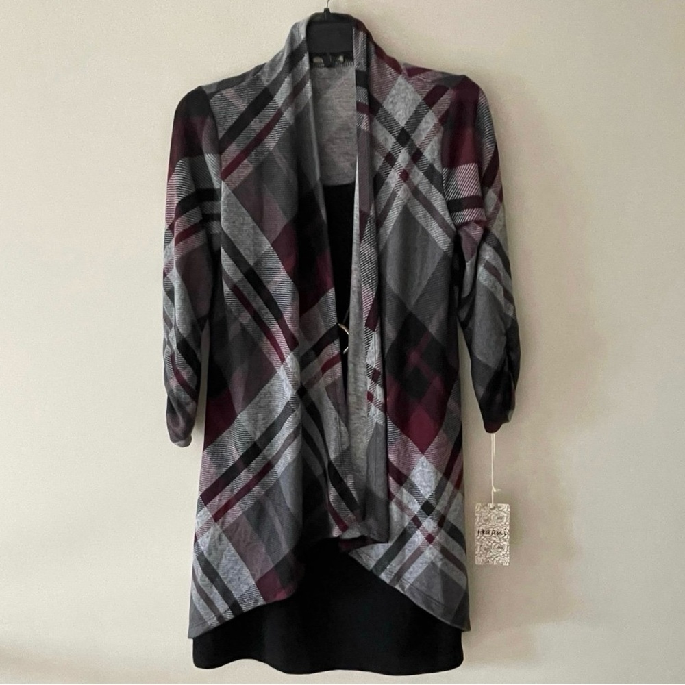 Black and Red Multicolor Mini Dress With Tassel Necklace and Built-in Cardigan